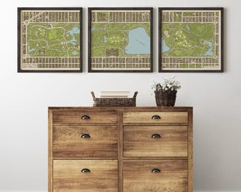 May include: A wooden dresser with six drawers and dark metal pulls, topped with a woven basket and a small potted plant. Above the dresser hang three framed prints displaying a detailed map of Central Park in New York City in green and blue.