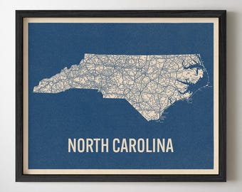 North Carolina Road Map Art Print, Retro Style, Blue on Beige, Archival Wall Decor
