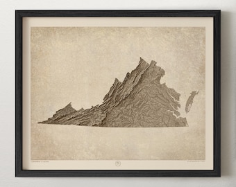May include: A framed wall art print featuring a topographical relief map of Virginia in shades of brown and beige. The map displays detailed terrain elevations against a textured, vintage-style background, enclosed in a thin black frame.