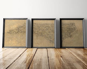 Impresión de mapa antiguo de Carolina del Norte, juego de 3, 1893, reproducción de archivo, arte mural (sin marco)