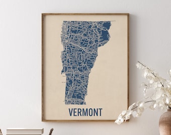 Vintage Vermont Road Map Art Print, Blue on Beige #1, Unframed