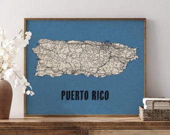 Puerto Rico Road Map Art Print, Multiple Colors, Retro Style Archival Wall Decor (Unframed)