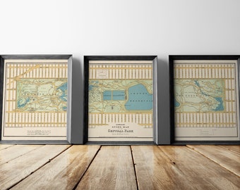 Old Central Park Map Art Print, 1875, New York City, Archival Reproduction, Set of 3 Prints, Unframed