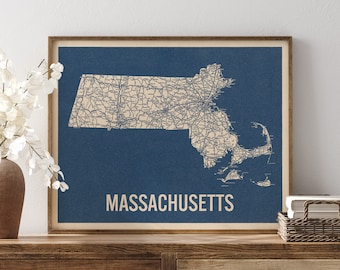 Vintage Massachusetts Road Map Art Print, Blue on Beige #2, Unframed