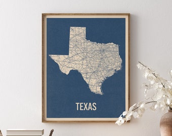 Vintage Texas Road Map Art Print, Blue on Beige #2, Unframed