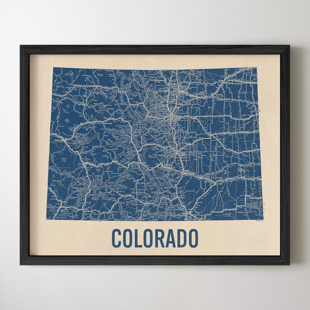 Colorado Road Map Art Print, Retro Style, Blue on Beige, Archival Wall ...
