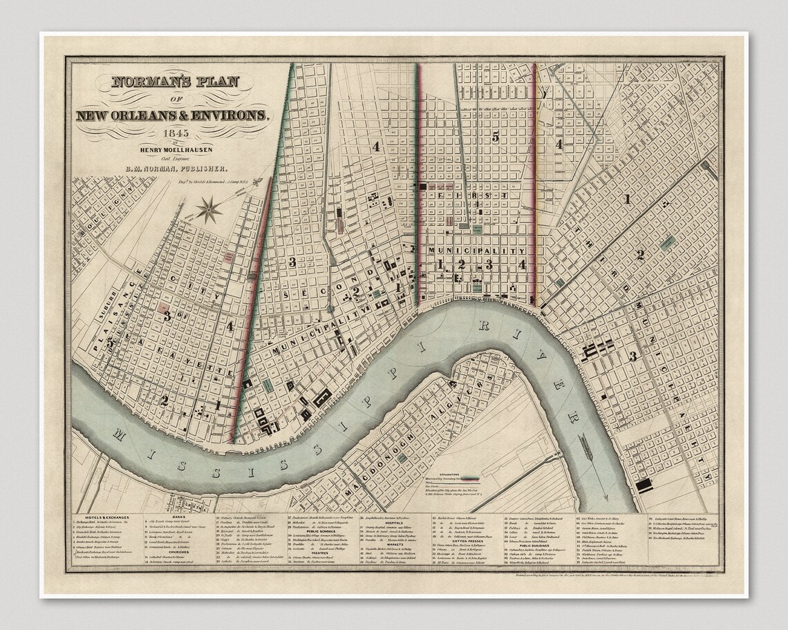 Old New Orleans Map Art Print 1845 Archival Reproduction | Etsy