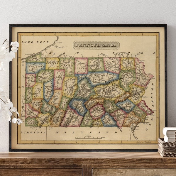 Old Pennsylvania Map Art Print, 1817, Archival Reproduction, Unframed