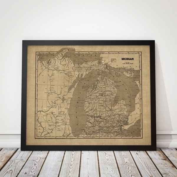 Old Michigan Map Art Print, 1840s, Rustic Style, Archival Quality, Unframed