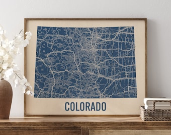 Vintage Colorado Road Map Art Print, Blue on Beige #1, Unframed