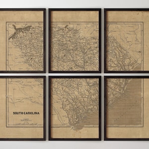 Old South Carolina Map Art Print Set, 1840s, Archival Reproduction, Set of 6 Prints, Unframed