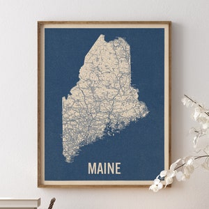 Vintage Maine Road Map Art Print, Blue on Beige #2, Unframed
