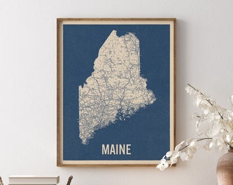 Vintage Maine Road Map Art Print, Blue on Beige #2, Unframed