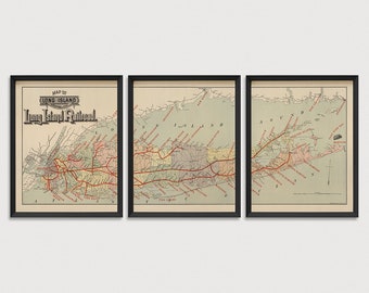 Old Long Island Map Art Print Set, 1895, Set of 3 Prints, Antique Map, Railroad Map, Archival Reproduction, Unframed