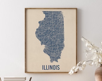 Vintage Illinois Road Map Art Print, Blue on Beige #1, Unframed