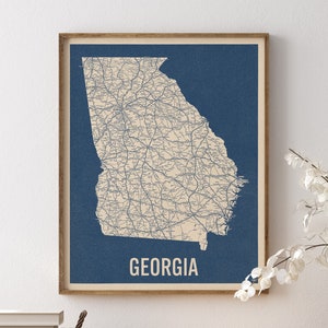 Vintage Georgia Road Map Art Print, Blue on Beige #2, Unframed