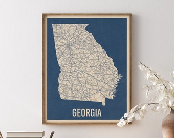 Vintage Georgia Road Map Art Print, Blue on Beige #2, Unframed