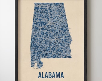Alabama Road Map Art Print, Retro Style, Blue on Beige, Archival Wall Decor