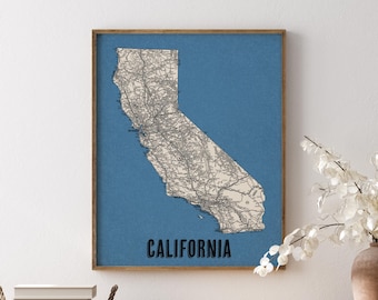California Road Map Art Print, Multiple Colors, Retro Style Archival Wall Decor (Unframed)