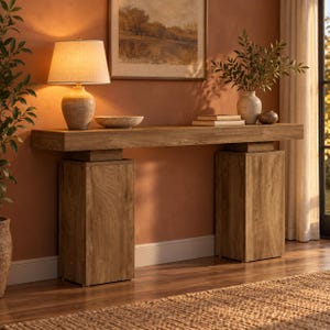May include: A long, rectangular wooden console table featuring a thick top surface supported by two substantial, block-style rectangular legs. The table has a natural wood grain finish and a sturdy, linear construction with a flat, wide tabletop.