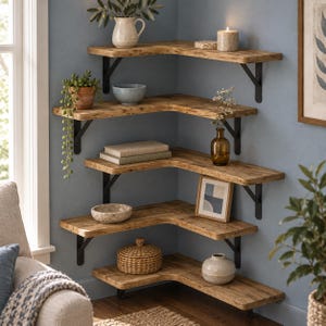 May include: A five-tier L-shaped corner shelving unit featuring light brown wood-grain shelves supported by black metal brackets. The shelves hold various decorative items including a white pitcher, a bowl, books, a small framed print, and a woven box.