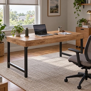Op de afbeelding: Een rechthoekig bureau met een lichtbruin houten blad met houtnerf en een zwart metalen frame. Op het bureau staan een zilveren laptop, een donkergroene waterfles, een grijze computermuis, een pennenhouder met pennen en een wit notitieblok.