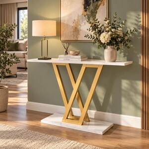 Console aspect marbre blanc, meuble d'entrée en métal doré | Élément décoratif moderne et industriel pour couloir | Décoration de pendaison de crémaillère de 109 cm