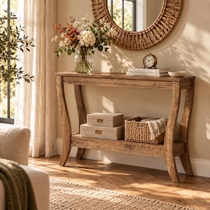 Puede incluir: Una mesa consola rectangular de madera con patas curvas y un estante inferior. La superficie superior sostiene un jarrón de vidrio con flores blancas y naranjas, un reloj redondo, dos libros apilados y un cuenco pequeño. El estante contiene dos cajas rectangulares apiladas y una cesta tejida.