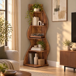 Rustieke hoekboekenkast met houtlook, plantenstandaard met 5 lagen en golfdesign (181 cm hoog)