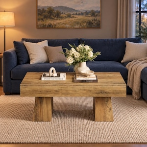 May include: A rectangular coffee table with a light brown wood grain finish, featuring a thick tabletop and two sturdy block-style legs. The table is topped with two stacked books, a small white arch sculpture, and a white vase with white flowers.