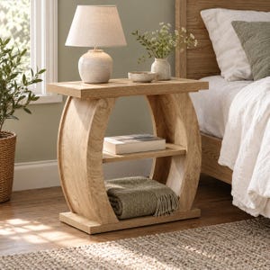Può includere: Un tavolino in legno chiaro con struttura curva, piano rettangolare piatto e ripiano intermedio. Il tavolo sostiene una lampada beige, una piccola ciotola in ceramica e un vaso con piante verdi. Un libro bianco e una coperta verde testurizzata piegata poggiano sul ripiano.