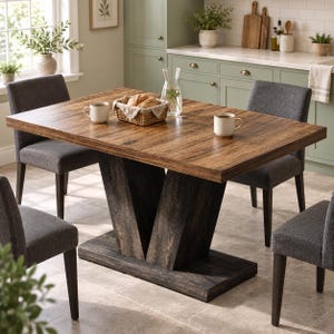 Pode incluir: Uma mesa de jantar retangular com tampo de madeira castanha e base de pedestal em forma de V cinzento-escuro, acompanhada por quatro cadeiras estofadas em cinzento-carvão. Na mesa estão duas canecas bege, um cesto de vime com pão e uma jarra.