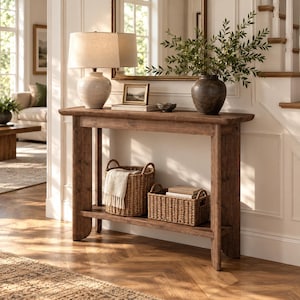 Op de afbeelding: Een rechthoekige houten sidetable met een onderste plank. Bovenop staat een crèmekleurige keramische lamp, een kleine fotolijst en een donkerbruine vaas met groen blad. Op de onderste plank staan twee gevlochten manden, waarvan één met een plaid.