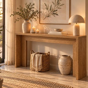May include: A rectangular light brown wooden console table with a smooth surface. On top sits a textured vase with greenery, two candles, a small bowl, a book titled The Kinfolk, and a dome-shaped lamp. A woven basket with a cream throw sits below.
