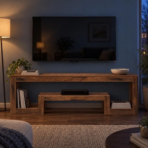 May include: A rectangular wooden media console with a dark brown wood grain finish. The console features an open design with a lower shelf, providing storage space for books and electronic devices. It is positioned against a dark blue wall.