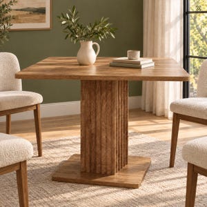 Puede incluir: Una mesa de comedor cuadrada de madera con una base de pedestal central que presenta detalles estriados verticales. La mesa tiene un acabado de grano de madera marrón cálido y se acompaña de cuatro sillas tapizadas en tela texturizada color hueso.