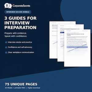Puede incluir: Un paquete digital de éxito en entrevistas que incluye tres guías de preparación. El gráfico azul oscuro muestra el texto CorporateSecrets, 3 GUIDES FOR INTERVIEW PREPARATION y 75 UNIQUE PAGES junto a tres páginas de documentos apiladas.