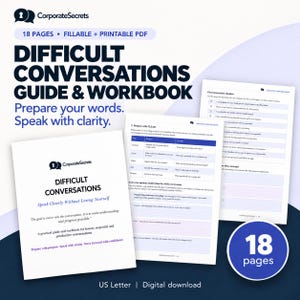 Può includere: Una guida e un quaderno di esercizi in PDF di 18 pagine, compilabile e stampabile, intitolato Difficult Conversations Guide & Workbook di CorporateSecrets. Il documento include pagine con suggerimenti strutturati, liste di controllo e note.