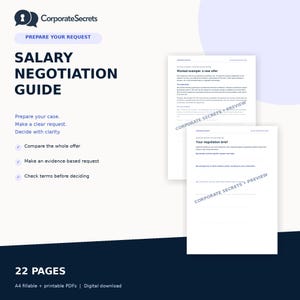 May include: A 22-page digital salary negotiation guide by CorporateSecrets featuring a title, bulleted preparation steps, and two document previews. The text includes Prepare Your Request, Salary Negotiation Guide, and Your negotiation brief.