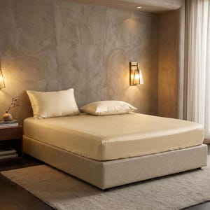 Peut inclure: Un lit doté d'un drap-housse beige clair lisse et de deux oreillers rectangulaires assortis. La parure de lit présente un léger éclat, suggérant une matière en soie ou en satin, et est disposée soigneusement sur un cadre de lit bas.