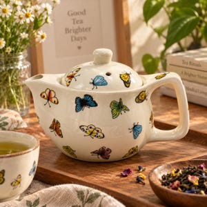 Peut inclure: Une théière en céramique de couleur crème ornée d'un motif coloré représentant divers papillons dans des tons de bleu, jaune, orange et violet. La théière possède un couvercle assorti avec un petit bouton, un bec verseur et une anse robuste.