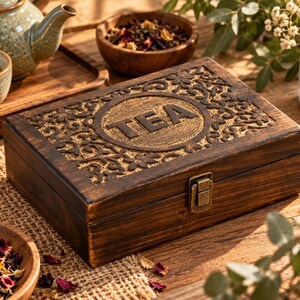 Peut inclure: Une boîte à thé rectangulaire en bois brun foncé présentant un motif floral sculpté complexe sur le couvercle avec le mot TEA en relief au centre. La boîte comprend un loquet métallique de couleur laiton sur le devant.