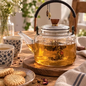 Könnte beinhalten: Eine Teekanne aus klarem Glas mit einem herausnehmbaren Glaseinsatz, der Teeblätter enthält. Die Kanne hat einen dunkel umwickelten Griff mit zwei kleinen goldenen Zieranhängern, einen hölzernen Deckelknauf und einen transparenten Ausguss.