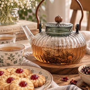 Peut inclure: Une théière en verre transparent cannelé avec une anse en bois foncé et un couvercle métallique décoratif surmonté d'un bouton en bois. La théière contient du thé ambré et repose sur un socle rond en bois, entourée de tasses à motifs floraux.
