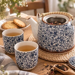 Blue Ceramic Tea Set | Teapot with 6 Cups and Infuser | 850ml Serene Blue Tea Ritual Set for Meditation, Mindfulness & Mindful Gatherings