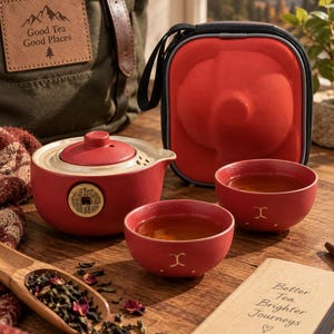 Peut inclure: Un service à thé en céramique rouge comprenant une théière avec un emblème de pièce de monnaie doré et deux tasses assorties remplies de thé. L'ensemble est accompagné d'un étui de transport rouge, d'une cuillère en bois avec du thé en vrac et d'un carnet avec le texte Better Tea Brighter Journeys.