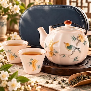 Op de afbeelding: Een lichtroze keramische theepot met een gegroefd lichaam, voorzien van geschilderde illustraties van een vogel en gele bloemen, vergezeld door twee bijpassende theekopjes. De theepot heeft een donker handvat en een deksel met een oranje knop.