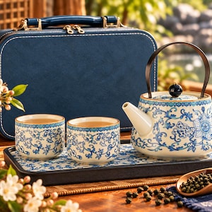 Ru Blue Reise-Teeset mit 2 Tassen | Chinesische Keramik-Teekanne und Tassen | Kompaktes Teeritual-Set für Schreibtisch, Küche & Achtsames Teetrinken zu zweit