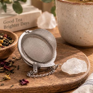 Può includere: Un infusore per tè sferico in acciaio inossidabile con un filtro a maglia fine e una chiusura a cerniera. Il telaio in metallo riporta la scritta SUS304. Una catenella color argento collega l'infusore a un cristallo di quarzo bianco grezzo.