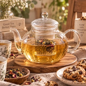 Può includere: Una teiera in vetro trasparente con coperchio abbinato e un infusore in vetro rimovibile contenente tè sfuso con petali di fiori essiccati. La teiera ha un manico e un beccuccio curvi, è riempita di tè dorato e poggia su una base in legno.